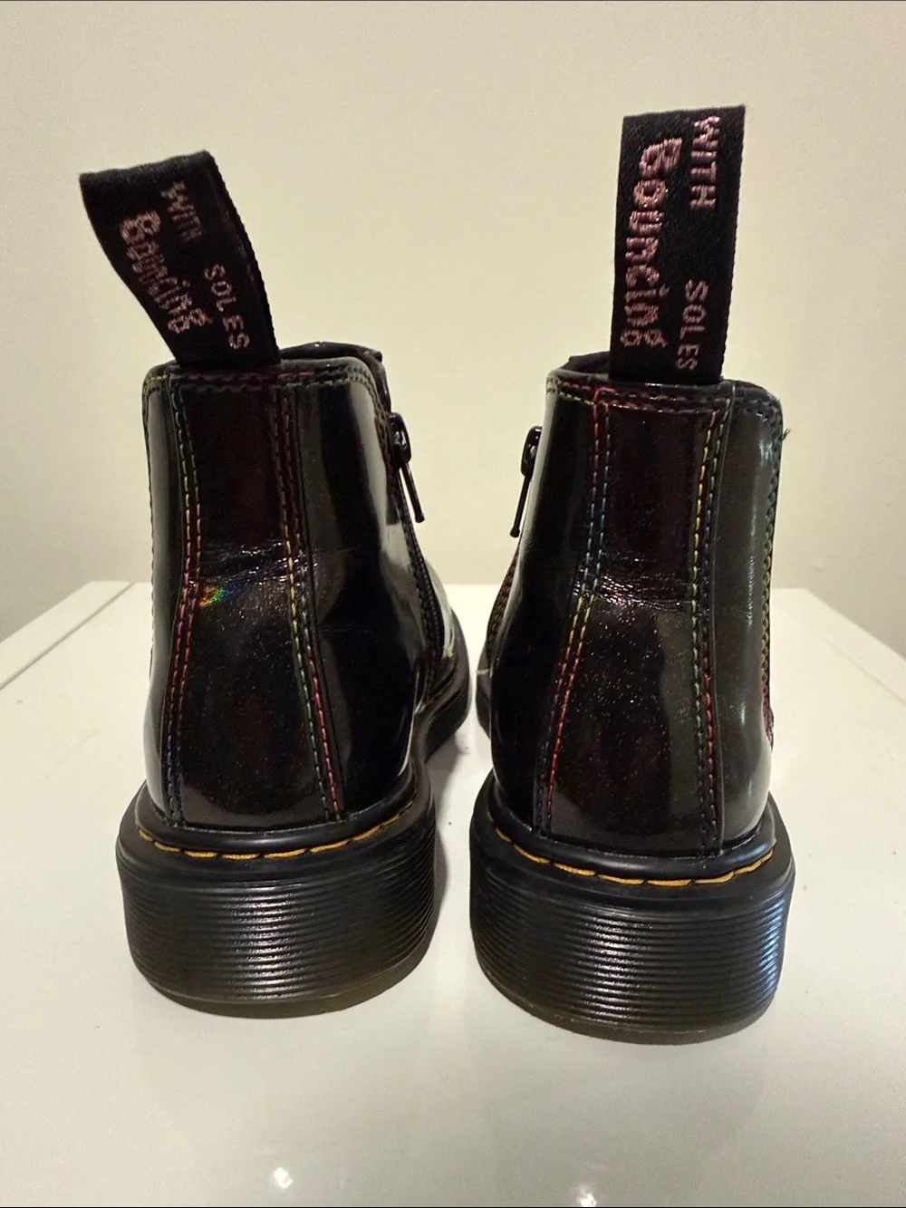 Dr. Martens Kids Unisex Patent Light Show Chelsea Boots with Yellow Stitching